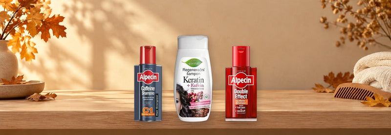 Alpecin and Bione caffeine shampoos for autumn hair shedding