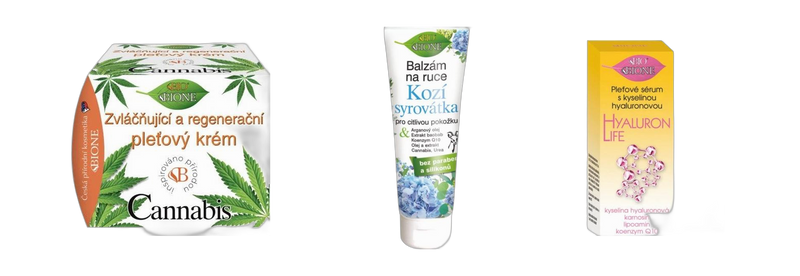 Bione Cosmetics Cannabis Face Cream, Goat Whey Hand Balm and Hyaluron Life Serum, Czech natural cosmetics
