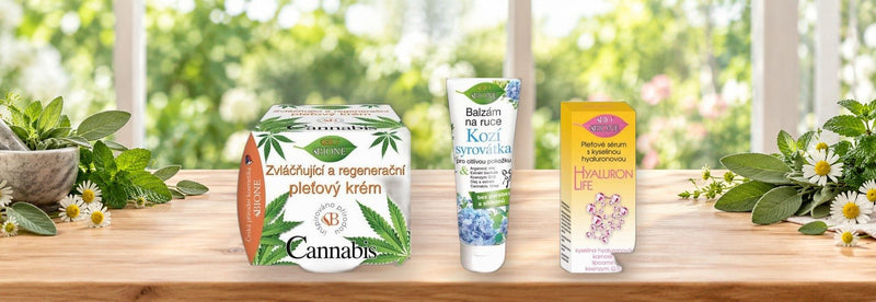 Bione Cosmetics Cannabis Face Cream, Goat Whey Hand Balm and Hyaluron Life Serum, Czech natural cosmetics