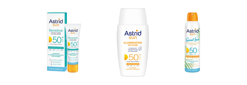 Astrid Sun Sensitive SPF 50+, Ultra-Light Face Fluid SPF 50+ and Coconut Love Invisible Dry Spray SPF 50, European sunscreen from Czechia