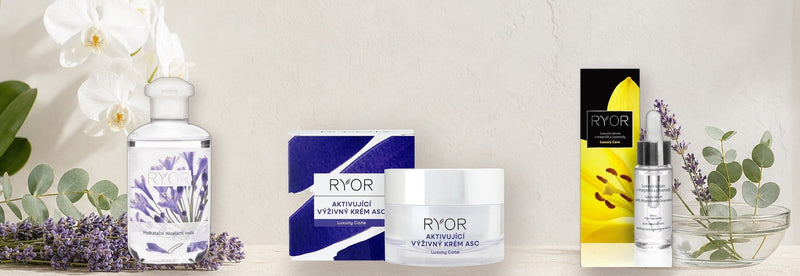 Ryor micellar water, ASC III cream and magnolia serum on a stone shelf with orchids and lavender, Czech skincare