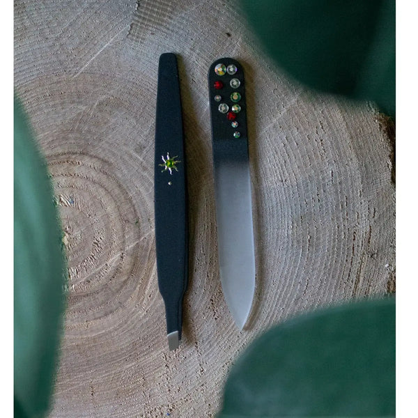 Obroba Gift Set with Decorated Glass Nail File and Tweezers